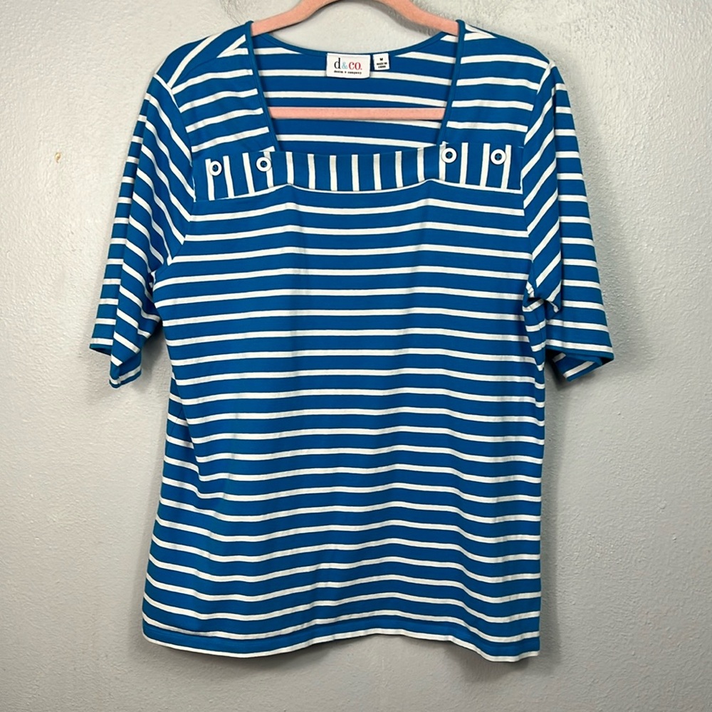 Denim & Co Blue & White Stripe Short Sleeve Square Neck Top Medium